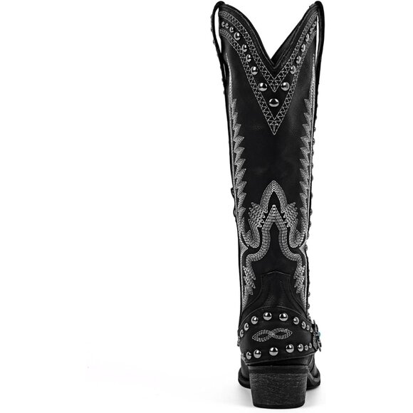 Women's Black Knee High Western Cowgirl Boots with Embroidery Belt Buckle - Picture 6 of 6